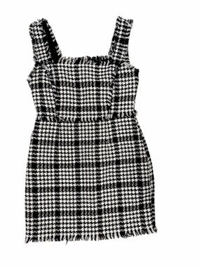 Black & White Tweed Plaid Mini Dress | designer-Inspired Fringe Trim